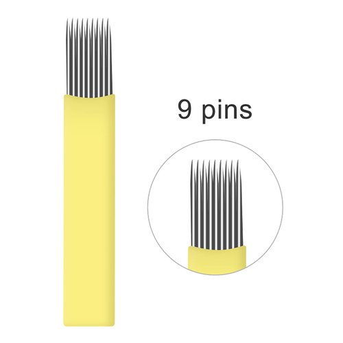 50pcs Yellow Microblading Needles 9 Pin Flat Double Line 0.25mm Blade Permanent Makeup Tattoo Needle for Fog Power Eyebrow Available size 15U,17U,19U,21U,9F,17F,19F,21F (9F)