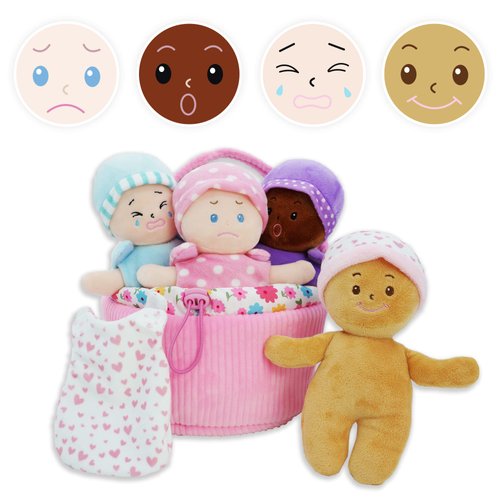 June Garden My First Basket Plush Baby Doll Set - Includes 1 Basket and 4 Multicultural Soft Plush Babies with Emotional Expressions for Infants and Toddlers Birth and Up