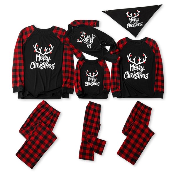 IFFEI Matching Family Pajamas Sets Christmas PJ's with Letter and Plaid Printed Long Sleeve Tee and Bottom Loungewear Men-Medium Black