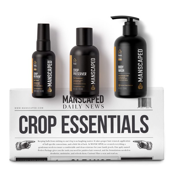 MANSCAPED® Crop Essentials, Male Care Hygiene Bundle, Includes Refined™ Body Wash, Preserver™ Moisturizing Ball Deodorant, Reviver™ Toner and Disposable Shaving Magic Mat™