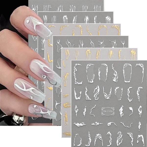 9 Sheets Metallic Silver Nail Art Stickers 3D Gold Silver Irregular French Stripe Line Nail Decals Self-Adhesive Marble Nail Art Stickers for Women Girls Nail DIY Decoration Nail Accessories