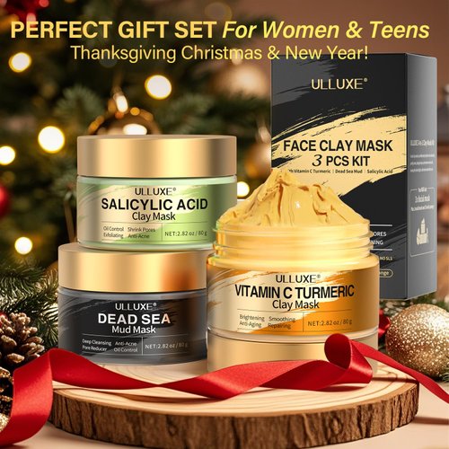 ulluxe Facial Clay Mask Set - Vitamin C Turmeric Clay Mask, Dead Sea Mud and Salicylic Acid Mask for Pores Cleansing, Blackheads, Dark Spots, and Brightening, Face Masks Skincare, Gift Set for Women