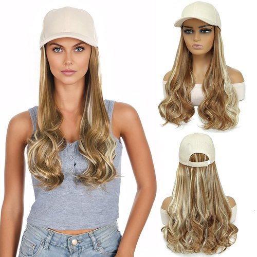 GUOJIAN Baseball Cap with Hair Extensions for Women Adjustable Hat with Synthetic Wavy Wig Attached 18inch Long Body Wave Hair (F27/613, 18Inch)