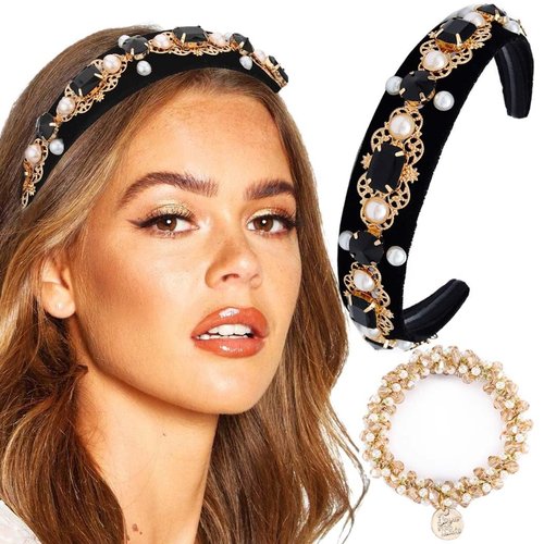 Firuilo Baroque Wide Headbands Black Rhinestones Hairband with Beaded Hair Ties Crystal Pearl Hai...