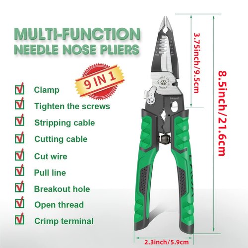 LAOA Needle Nose Pliers Electrician Pliers Wire Stripper Wire Stripper Tool,9-in-1 Multifunctional for Clamping,Tightening Screws,Stripping Wires,Cutting Cables,Iron Wires with 1pc Spring