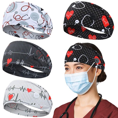 ABAMERICA Headbands with Button for Mask, Wide Nurses Headbands Non Slip Elastic Ear Protection for Women Men Doctors Sweatband Head Wrap (BUTTON- 4 PACK COLOR20)