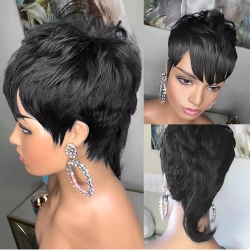 QITAQOTA Short Wigs for Black Women Pixie Cut Wig Mullet Wigs For Black Women Black Wig Halloween Wig With Bangs Heat Resistant Wig 889