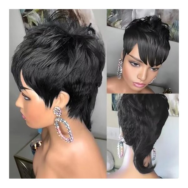 QITAQOTA Short Wigs for Black Women Pixie Cut Wig Mullet Wigs For Black Women Black Wig Halloween Wig With Bangs Heat Resistant Wig 889