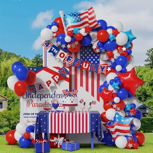 4th of July Balloon Garland Arch Kit,100pcs Navy Blue Red White Balloons Arch With Paper Banner For Independence Day Patriotic Party Supplies, July 4th Balloon Decorations with Shiny Stars Pendants