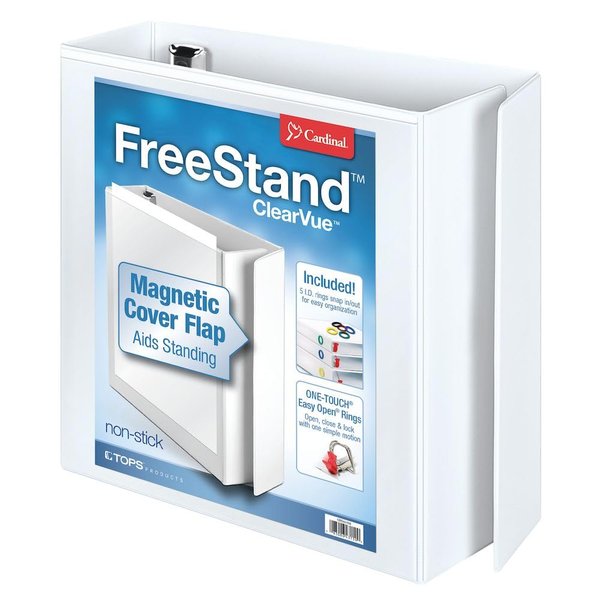 Cardinal 3 Ring Binder, 3 Inch FreeStand Binder with Magnetic Cover Flap, Shelf Pull and 5 Color-Coded Rings, ONE-TOUCH Easy Open Locking Slant-D Rings, Holds 650 Sheets, White