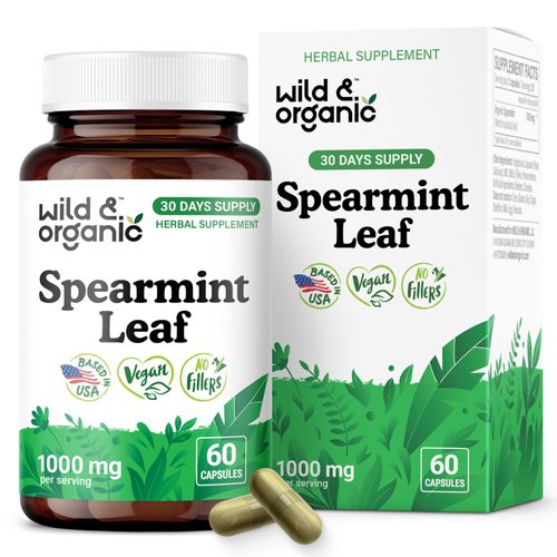 Wild & Organic Spearmint Capsules - 1000 mg Spearmint Supplement for Digestive Support - 30 Days of Supply - 60 Leaves Extract Capsules - Vegan, Non-GMO, Gluten-Free, No Fillers