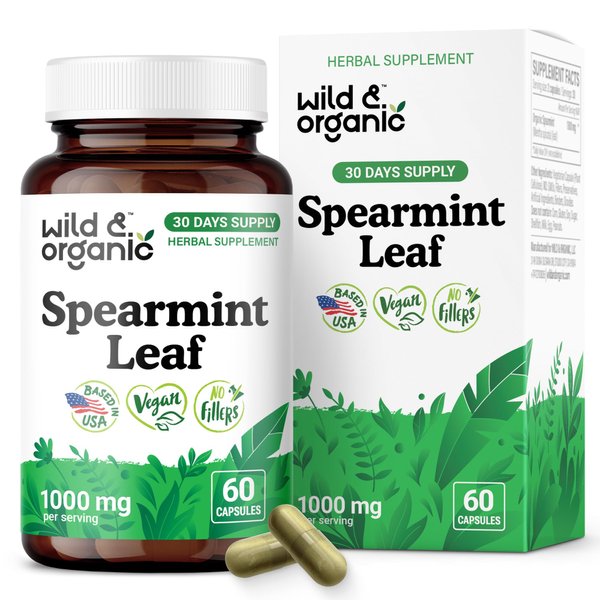 Wild & Organic Spearmint Capsules - 1000 mg Spearmint Supplement for Digestive Support - 30 Days of Supply - 60 Leaves Extract Capsules - Vegan, Non-GMO, Gluten-Free, No Fillers