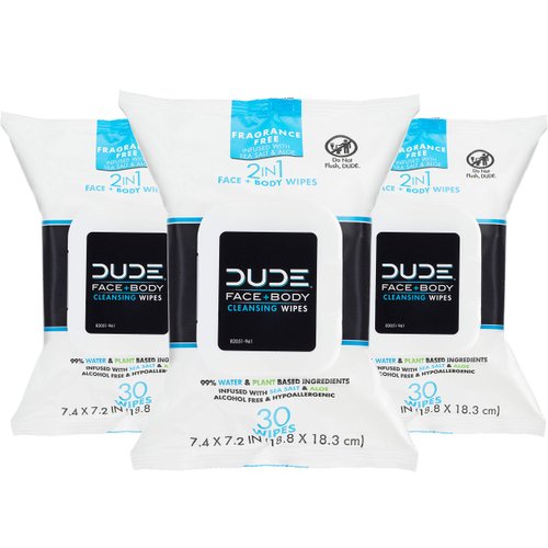 DUDE Wipes - Face and Body Wipes - 3 Pack, 90 Wipes - Unscented Wipes with Sea Salt & Aloe - 2-in-1 Body & Face Wipes - Alcohol Free and Hypoallergenic Cleansing Wipes