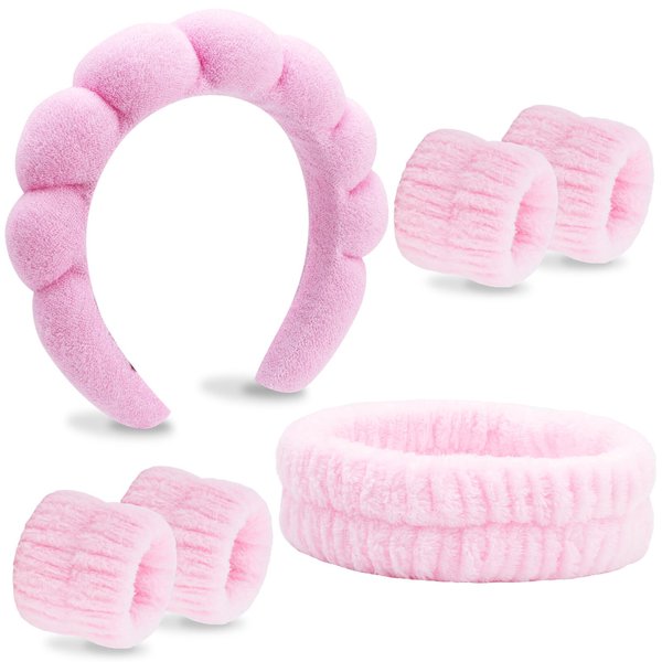 VELSCRUN 6 Pack Spa Headband, Makeup Headband, Face Wash Headband, Skincare Headbands, Pink Bow Tie Hair Band Spa Headband for Washing Face Wristband Set Women Girls Hair Accessories Gifts