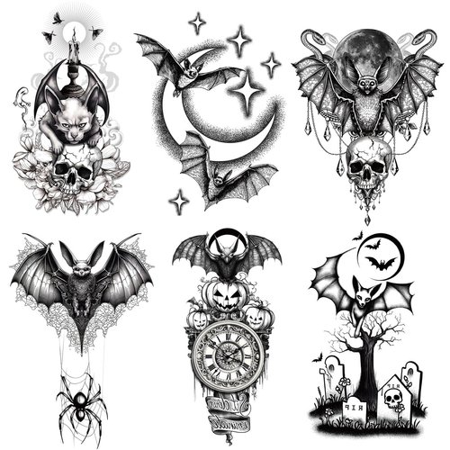 6 Sheets Bat and Pumpkin Halloween Skull Temporary Tattoos for Men, Women, and Adults - Fake Tattoos for Body, Arm, Chest, and Shoulder Tattoo Stickers