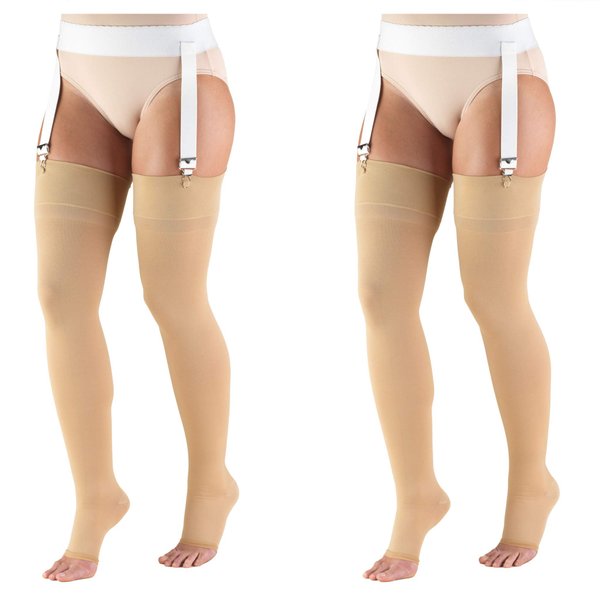 Truform 30-40 mmHg Compression Stockings for Men and Women, Thigh High Length, Open Toe, Medium, 2 Count