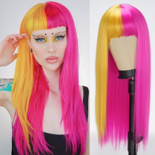 Sabosi Long Red Yellow Hair Synthetic Wigs with Bangs Long Straight Hair Wig Cosplay Wig Split Co...