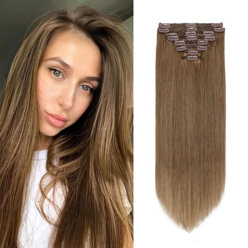 MY-LADY 10" / 10 inch Double Weft 100% Remy Human Hair Clip in Extensions Grade 7A Quality Full Head Thick Thickened Short Soft Silky Straight 8pcs 18clips for Women Beauty 110g #6 Light Brown