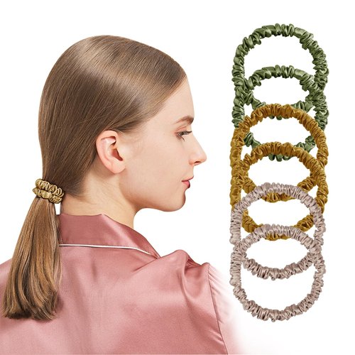 QIYUE 100% Mulberry Silk Scrunchies for Hair,Hair Ties Ropes Ponytail Holder for Women Girls Hair Accessories Decorations，22 Momme Hair Elastics Bands (Avocado,Gold,Caramel)