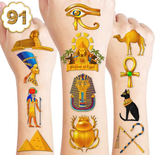 Ancient Egypt Egyptian Temporary Tattoos Theme Birthday Party Decorations Favors Supplies Decor 91PCS Pharaoh Sphinx Pyramid Tattoo Stickers Gifts For Kids Adults Boys Girls School Prizes Carnival