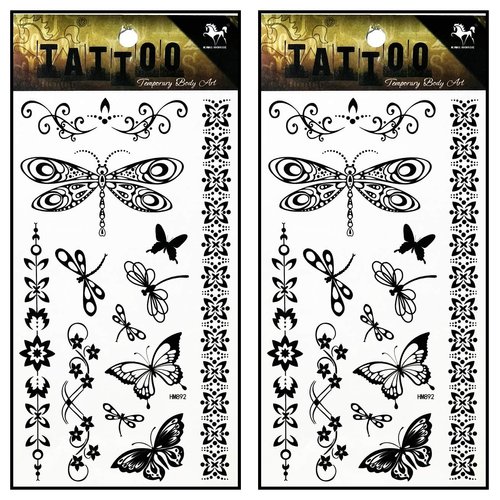 Tattoos 2 Sheets Butterfly dragonfly Vine Fantasy Henna Temporary Tattoo Body Art Stickers Waterproof Tattoos Fake Removable for Kid Teens Men Women