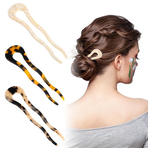 Ymapinc 3PCS French Twist Hair pin for Women, Acetate U Shaped Hair Pin, Tortoise Shell 2 Pronged Bun Hairpin, 4.57inch, Hair Pins for Thick Hair, White Leopard Tortoiseshell