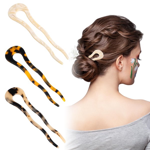Ymapinc 3PCS French Twist Hair pin for Women, Acetate U Shaped Hair Pin, Tortoise Shell 2 Pronged Bun Hairpin, 4.57inch, Hair Pins for Thick Hair, White Leopard Tortoiseshell