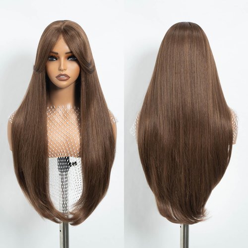 REBECCA STYLE Long Brown Straight Wigs with Bangs 30 Inch Synthetic Lace Front Wig for Women Pre ...