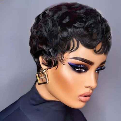 Short Pixie Cut Wigs Human Hair Short Human Hair Wigs For Black Women Glueless Wigs Pre Plucked Short Curly wigs With Bangs For Daily Use Natural 1B