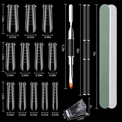 Dual Nail Form Set Clear Gel Nail Extension Mold 12 Sizes with Scale Full Cover Gel Coffin Nails Dual-ended Gel Brush and Nail File Nail Tips Clip Buffer Polisher