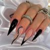 Black French Tip Nails Press on Extra Long Stiletto Acrylic Fake Nails Glitter Wavy Lines Glue on Nails Mirror Reusable Stick on Nails for Women DIY Manicure Decoration