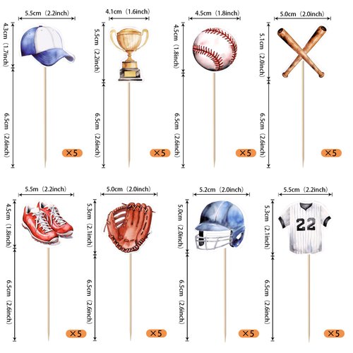 40 PCS Baseball Cupcake Toppers Double Sided Sports Game Baseball Players Cupcake Picks for Sports Baseball Theme Baby Shower Kids Boys Girls Birthday Party Cake Decorations Supplies