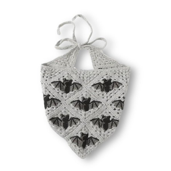 ClawsandPaws Black Gothic Crochet Bandana Scarf, Spiderweb Greyscale Halloween Style, Gothic Neck Bandanas, Triangle Headband, Unisex (Grey Bat)
