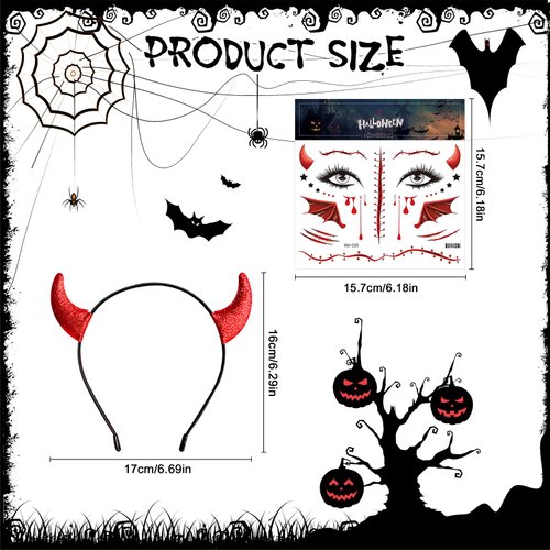 nooepc Glitter Devil Horns Headband With Halloween Tattoos, Red Devil Horns Halloween Costumes for Women Men Girls, Halloween Fancy Devil Accessories Dress Cosplay Hairband-Red