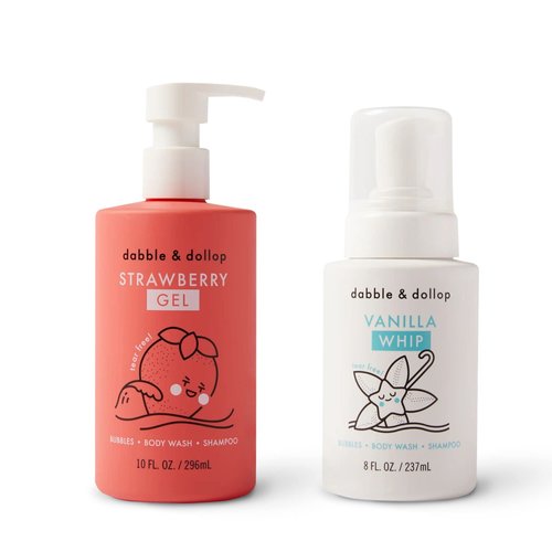 Dabble & Dollop Strawberry + Vanilla Body Wash & Shampoo - 3 in 1 Natural Bubble Bath for Kids, USA-Made, Paraben & Sulfate Free, Vegan, Gluten-Free, Tear-Free (Pack of 2)