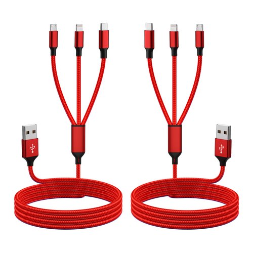 Multi Charging Cable(2Pack 4FT), Nylon Braided 3 in 1 Universal Phone Charger Fast Charging with Type-C/Micro USB and IP Port, Compatible with Most Cell Phones（Red）