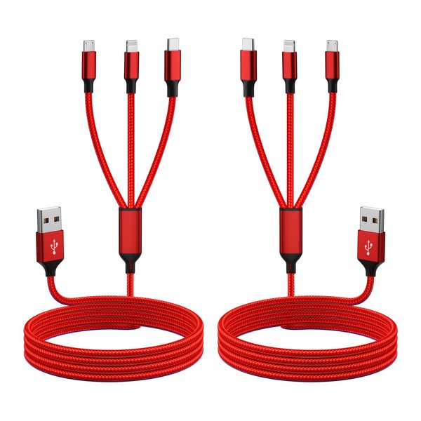 Multi Charging Cable(2Pack 4FT), Nylon Braided 3 in 1 Universal Phone Charger Fast Charging with Type-C/Micro USB and IP Port, Compatible with Most Cell Phones（Red）