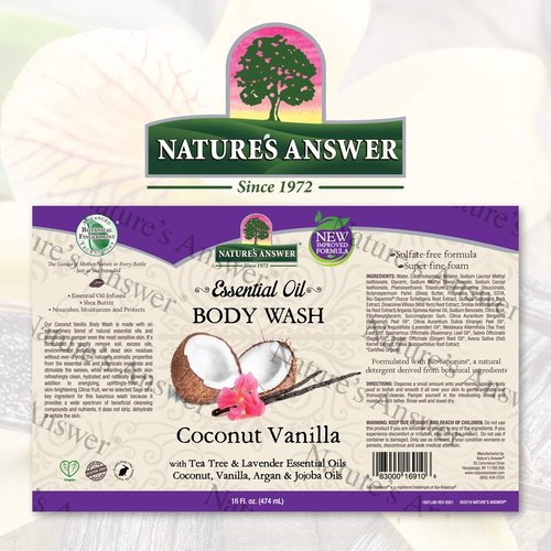 Nature's Answer Coconut Vanilla Body Wash with Pump, Pure Essential Oil, All Natural Vegan Paraben Gluten Free Non GMO (16 FL Oz) | For Sensitive Skin | Natural Skin Brightener