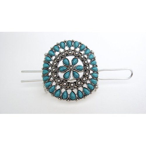 Generic Turquoise blue and silver metal tribal hair slide clip barrette