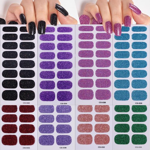 8Sheets Glitter Nail Wraps Stickers Solid Color Stick on Nail Polish Strips Self-Adhesive Design Gel Nail Stickers Full Wraps Nail Art Polish Nail Decals Color Nail Strips Stickers for Nail Decoration