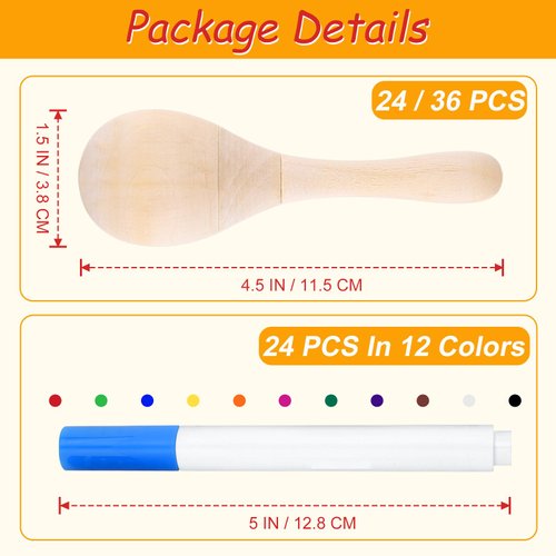 CHRORINE 24/36Pcs Wooden Maracas for Kids, DIY Set with 24Pcs Color Pens, Maracas Musical Instruments for Cinco De Mayo Mexican Fiesta Birthday Party Favors Supplies (24)