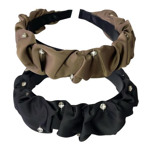 Jseng Knotted Headbands for Women, Ruched Satin Headbands, Rhinestone Crystal Diamond Headbands Wide Hairbands 2Packs Tan+Black