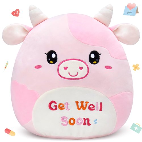 CozyWorld Get Well Soon Pink Cow Plush Pillow Stuffed Animal Plushies Soft Recovery Gift for Girls Woman, Encouragement Cushion for Post-Surgery and Illness