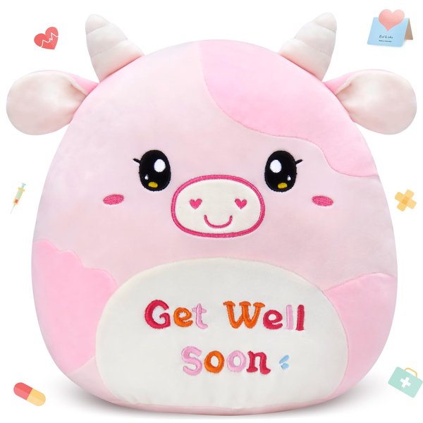 CozyWorld Get Well Soon Pink Cow Plush Pillow Stuffed Animal Plushies Soft Recovery Gift for Girls Woman, Encouragement Cushion for Post-Surgery and Illness