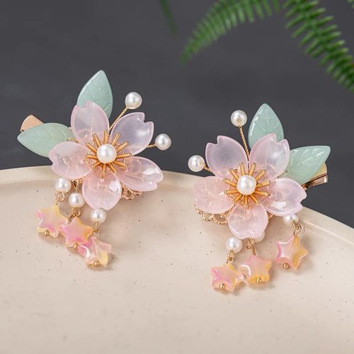 Vintage Pink Flower Hair Clips, A Pair of Sakura Decorative Hair Clips Tassel Pearl Barrettes, Wedding Hair Pins Hair Accessories for Women Girls Bride Bridesmaid