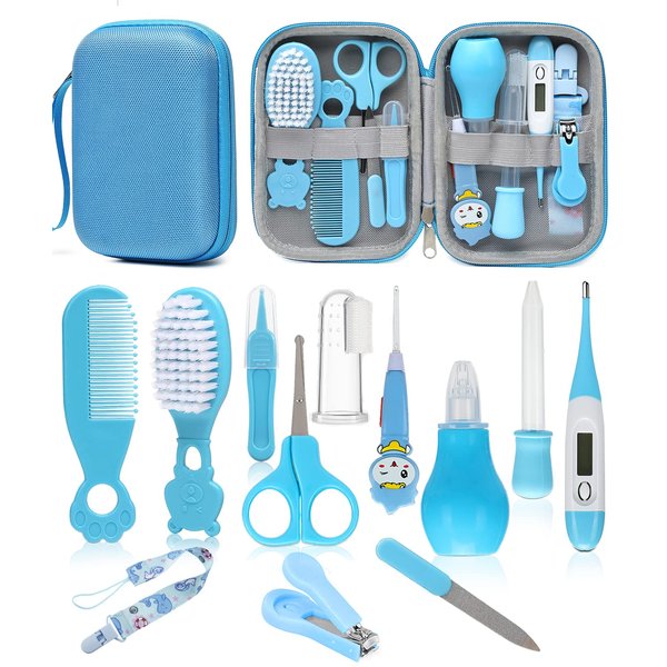 Baby Healthcare and Grooming Kit, Safety Newborn Nursery Care Set, with Hair Brush Comb, Nail Clipper, Thermometer, Pacifier Clip, Nasal Aspirator for Newborn Infant Baby Girls Boys (Blue)