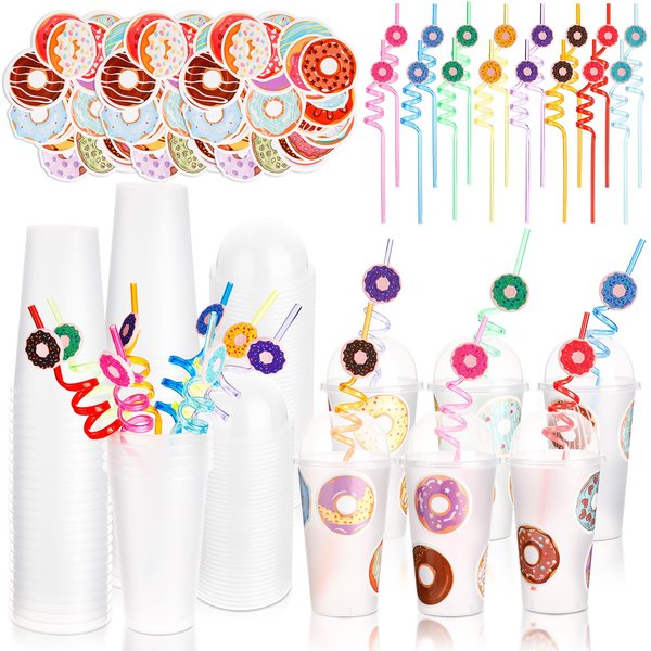 Didaey 198 Pcs Donut Party Favors for Kids Includes 24 16 oz Clear Plastic Cups with Lids 24 Donut Drinking Straws and 150 Donut Stickers for Donut Party Supplies School Rewards Prize for Kids