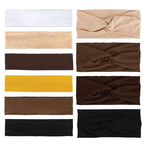 AHONEY Headbands for Women Non Slip, 10 Pack Thin Hair Band & Wide Twist Headband for Women's Hair, Cotton Elastic Hair Accessories for Workout Yoga Running (Brown)