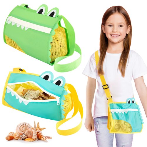 Rotatingpals 2 Pieces Seashell Bag Mesh Crocodile Beach Bag Cute Beach Toys with Adjustable Carrying Straps for Summer Collecting Seashell Sand Items Clothes Towel Storage