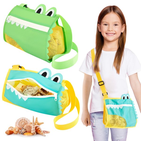 Rotatingpals 2 Pieces Seashell Bag Mesh Crocodile Beach Bag Cute Beach Toys with Adjustable Carrying Straps for Summer Collecting Seashell Sand Items Clothes Towel Storage